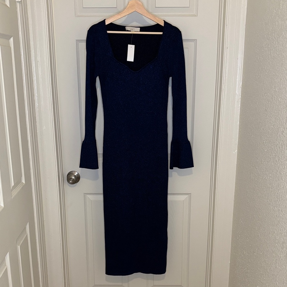 LOFT Ribbed Trumpet Sleeve Midi Sweater Dress in Navy